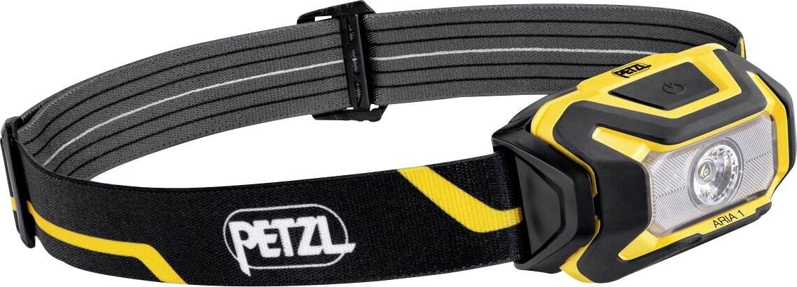 Un lampadaire frontal PETZL noir et jaune avec une sangle élastique réglable, présenté de face sur un fond blanc.