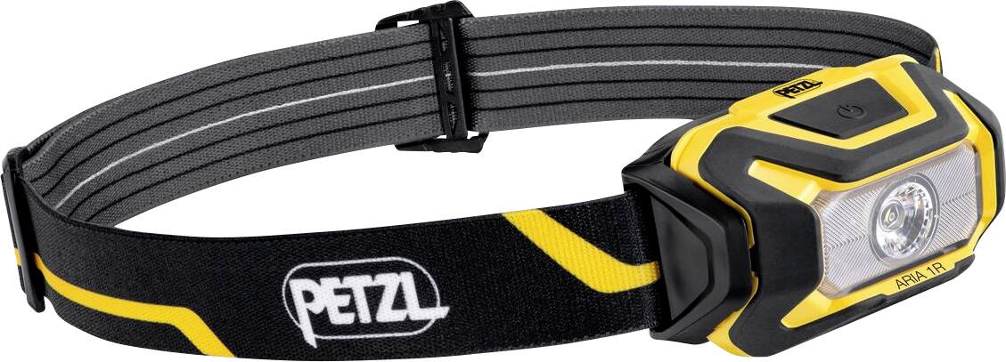 Lampe frontale PETZL noire avec des accents jaunes et une sangle ajustable, présentée sur un fond blanc.