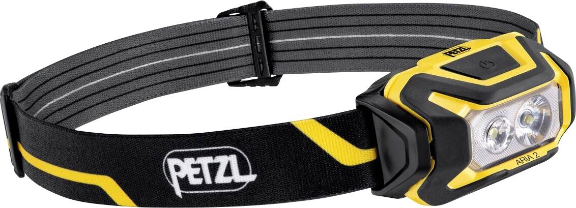 Lampe frontale Petzl noire et jaune avec sangle ajustable et deux LED frontales, présentée sur un fond blanc.