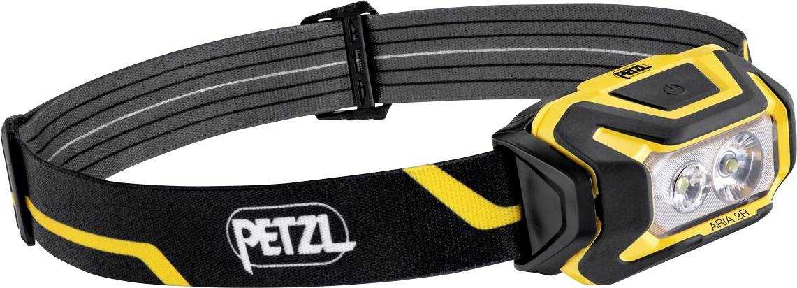 Un lampadaire frontal Petzl noir et jaune avec une sangle ajustable et deux LEDs frontales, présenté sur un fond blanc.