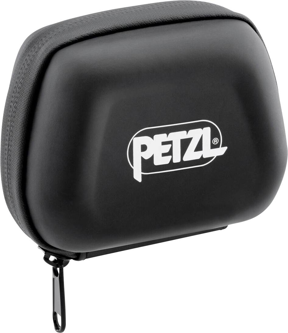 Étui rigide noir Petzl avec fermeture éclair et logo sur le devant, présenté isolé sur fond blanc.