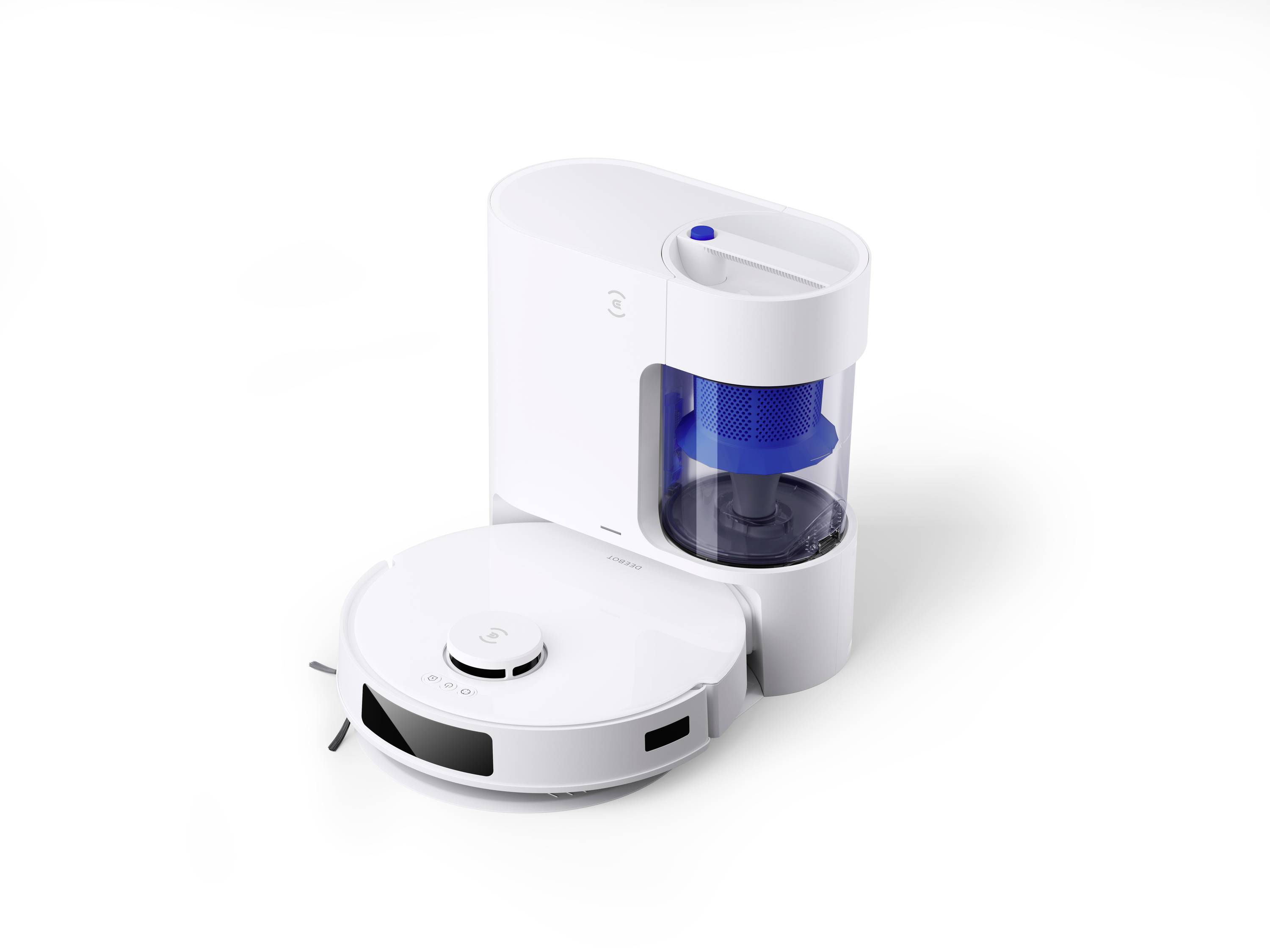 Aspirateur robot et station d'auto-vidage sur fond blanc, montrant un système de nettoyage automatique et de vidage de poussière.