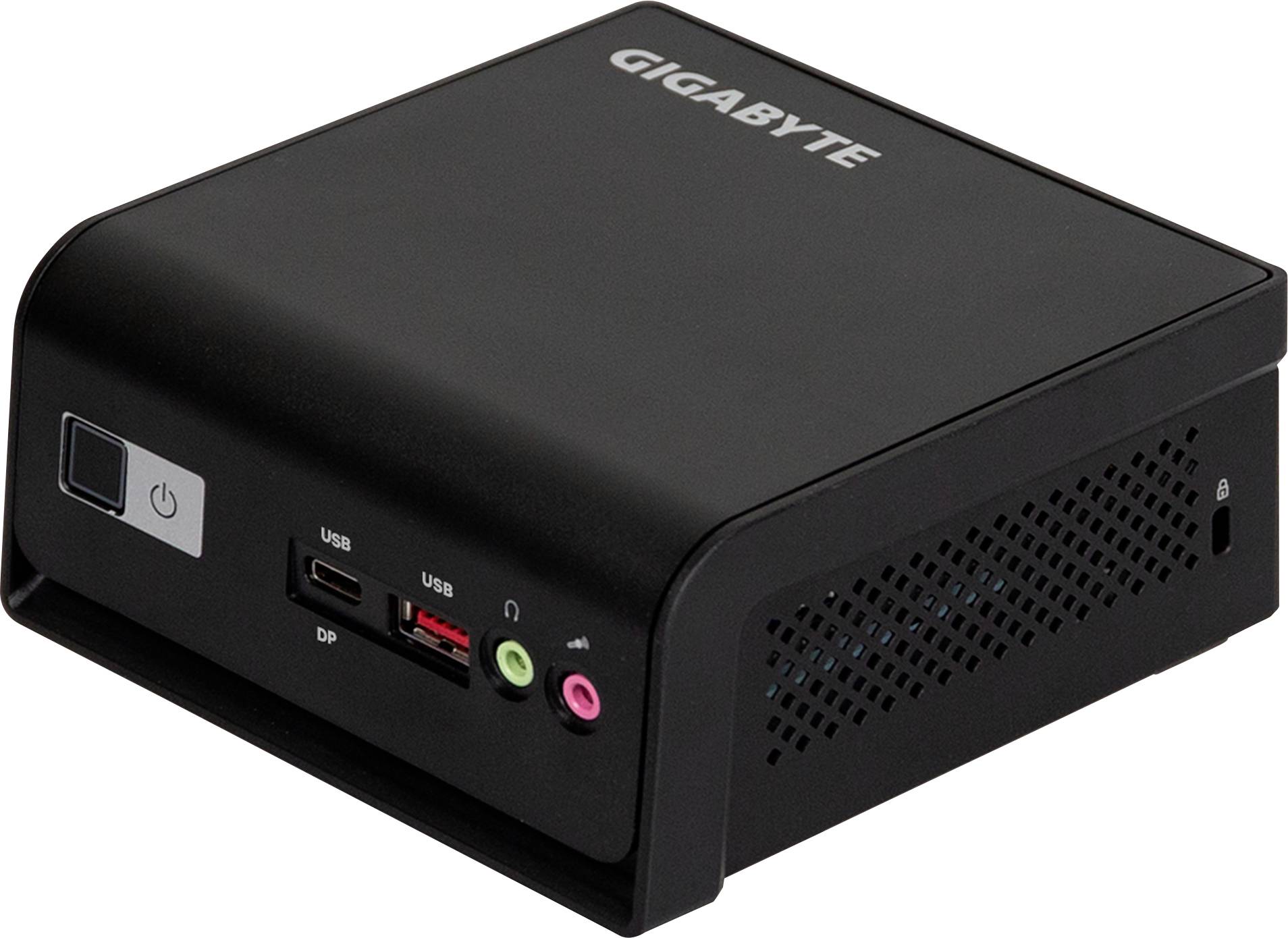 Mini PC noir Gigabyte avec bouton d'alimentation frontal, USB-C, USB-A, prises casque et microphone, et ventilation latérale.