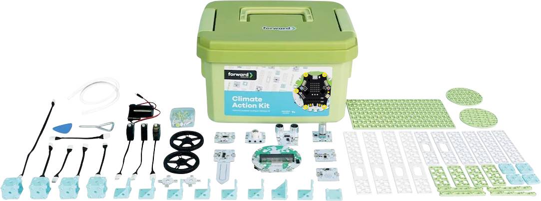 Un bac de rangement vert étiqueté « Kit d'action climatique » avec des composants éducatifs assortis, des câbles et des pièces de construction disposés devant.