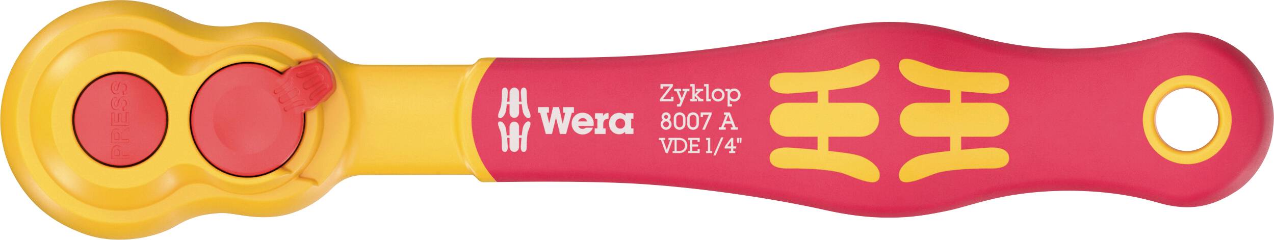 Clé à cliquet Wera Zyklop 8007 A VDE 1/4 rouge et jaune avec boutons de libération rouges sur la tête.