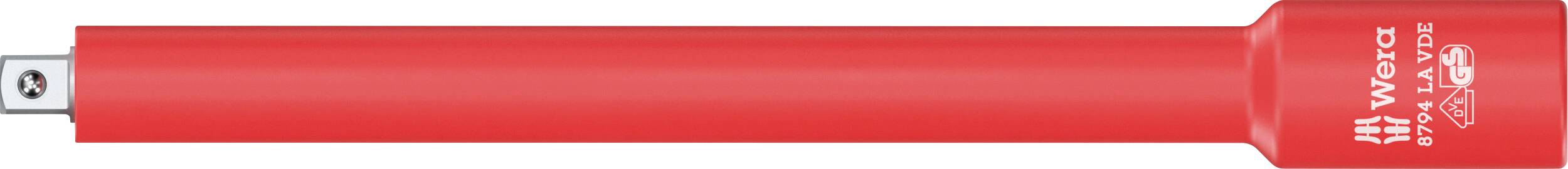 Cellule de batterie cylindrique horizontale rouge avec une borne positive sur la droite et un texte d'avertissement imprimé près de l'extrémité.