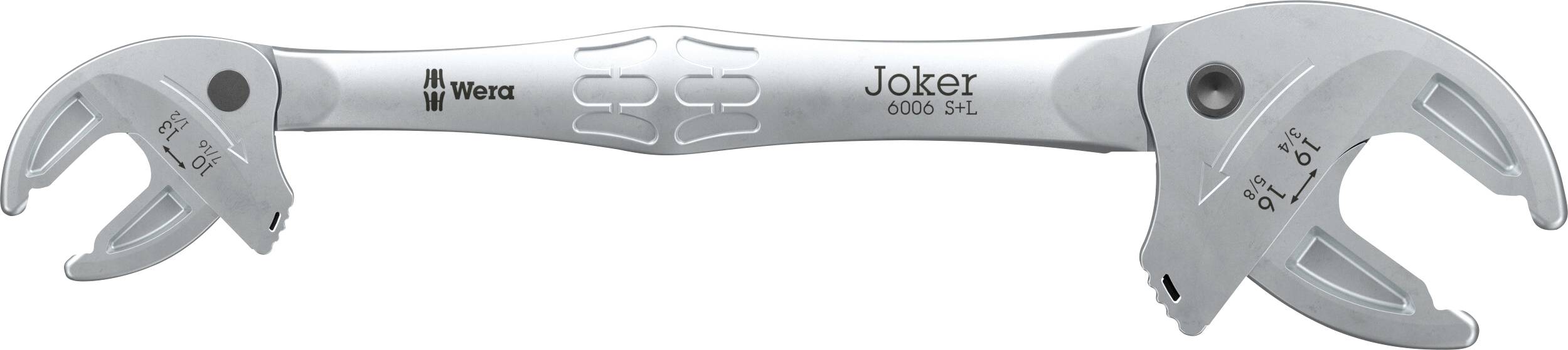Clé Wera Joker 6000 S+L réglable avec mâchoires ouvertes aux deux extrémités, présentée en argenté sur fond blanc.