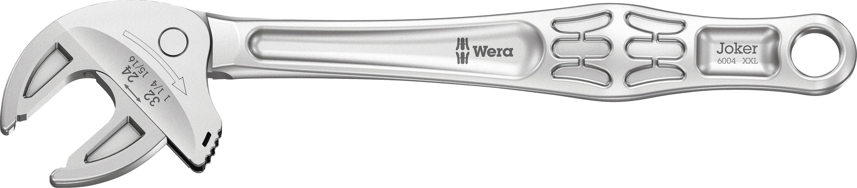 Clé à molette réglable avec une large mâchoire à gauche et un manche de marque Wera à droite, présenté sur un fond blanc.