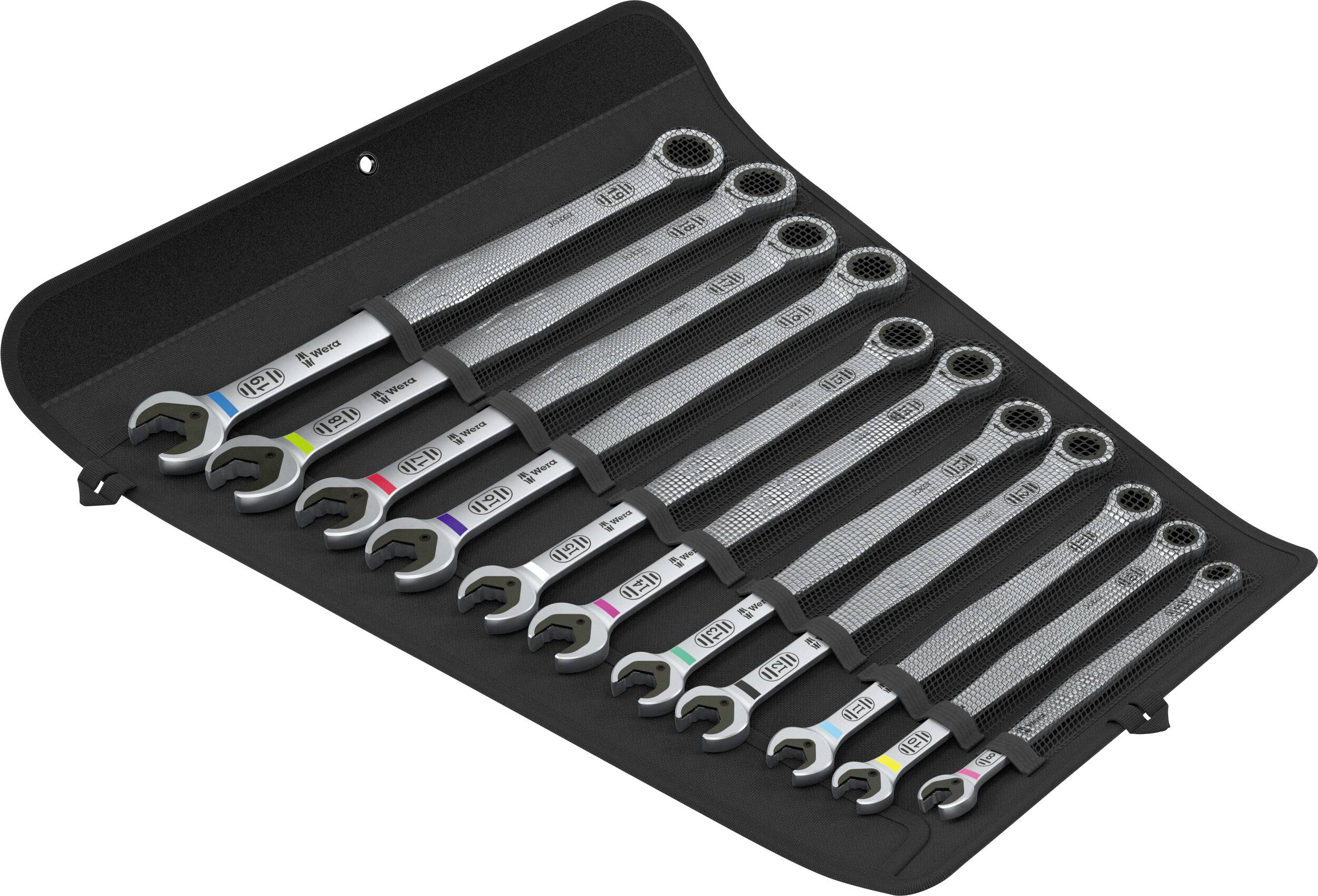 Ensemble de neuf clés mixtes disposées dans une housse à outils enroulable noire.