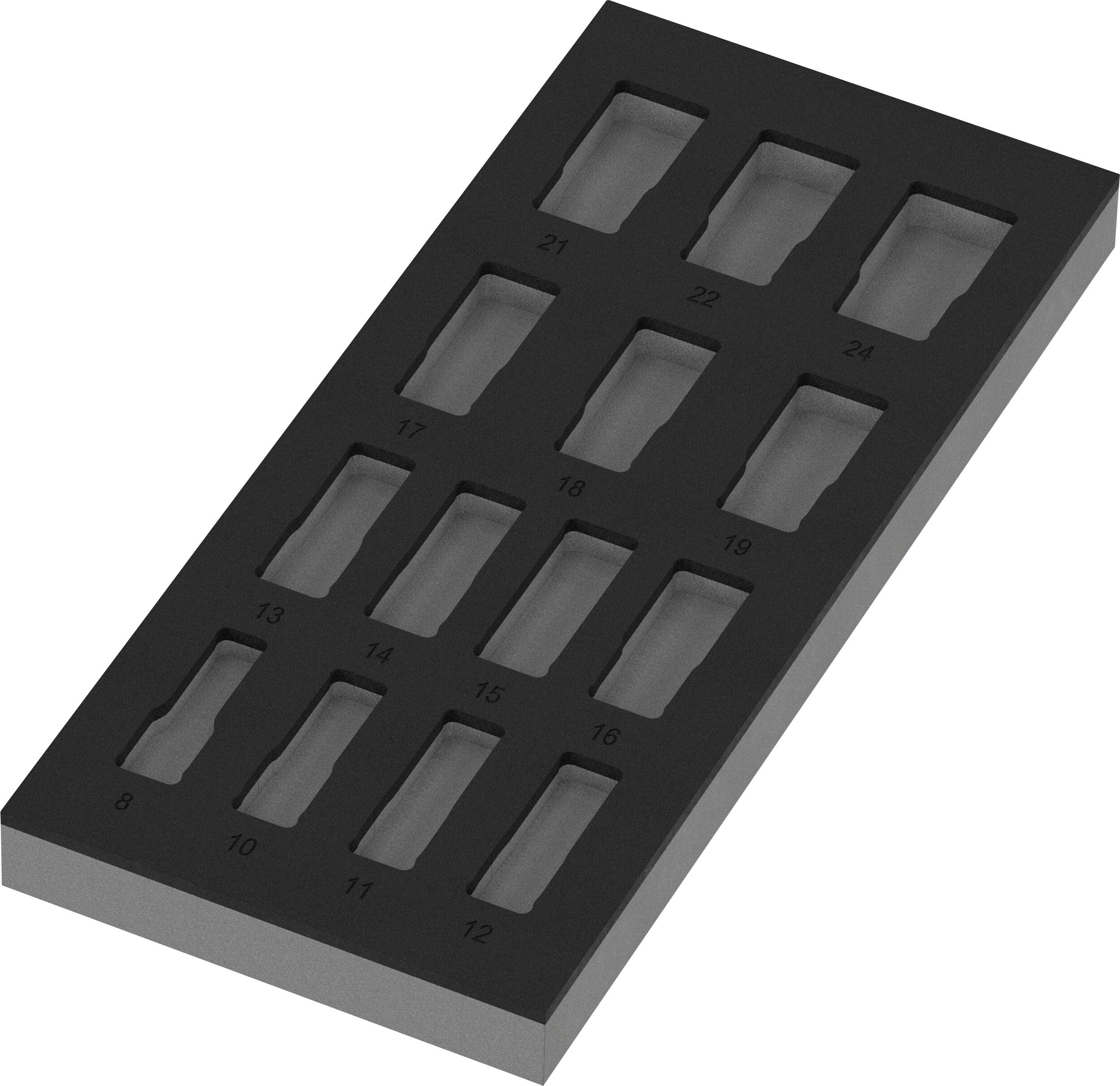 Plateau en mousse noire avec 15 découpes rectangulaires, probablement destiné à l'organisation de petits articles ou de pièces.