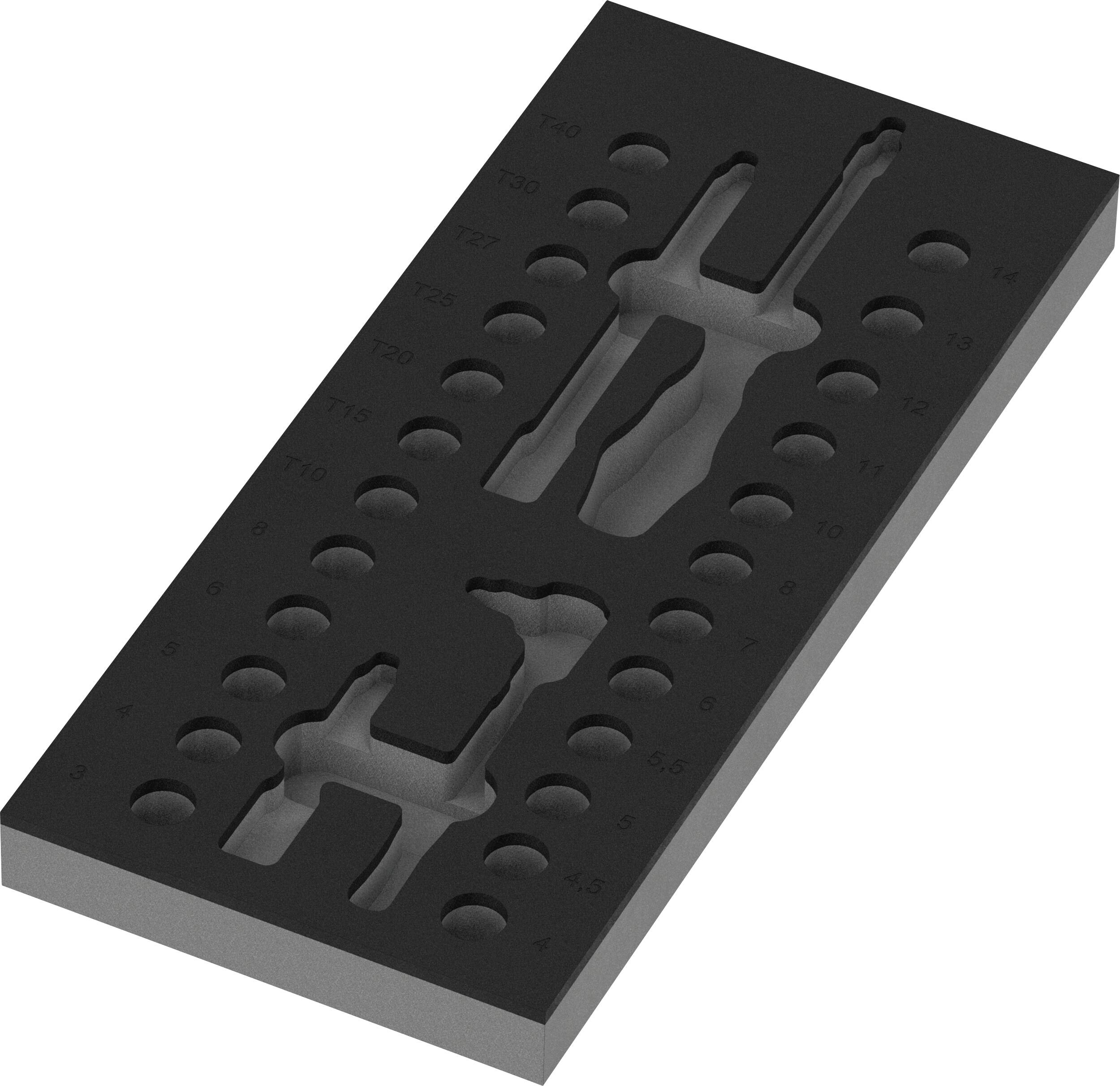 Moule rectangulaire noir avec cavités en creux et rangées de trous circulaires, montré en perspective sur fond blanc.