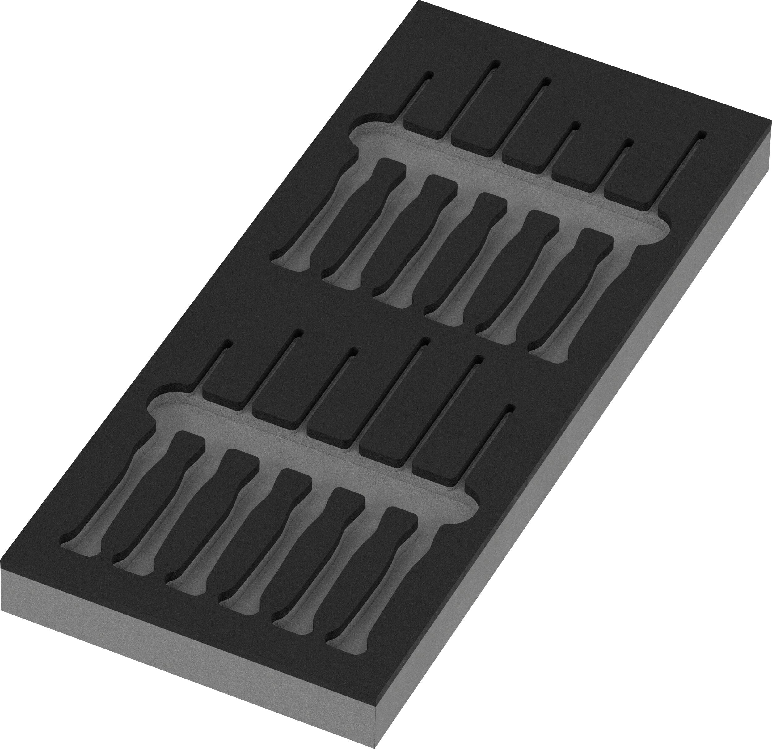 Plateau rectangulaire noir avec deux rangées d'empreintes ou de rainures moulées, présenté dans une vue 3D inclinée sur fond blanc.