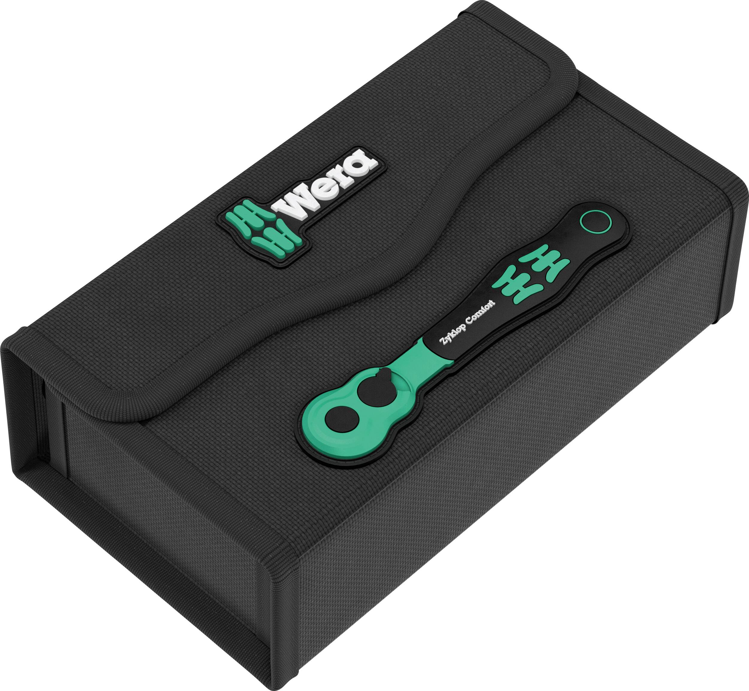 Mallette à outils Wera noire avec une clé à cliquet verte et noire exposée sur le dessus.