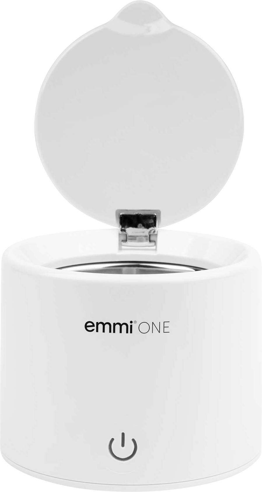 Nettoyeur à ultrasons blanc Emmi ONE avec couvercle ouvert, bouton de commande sur le devant, et logo « emmi ONE » sur le corps.
