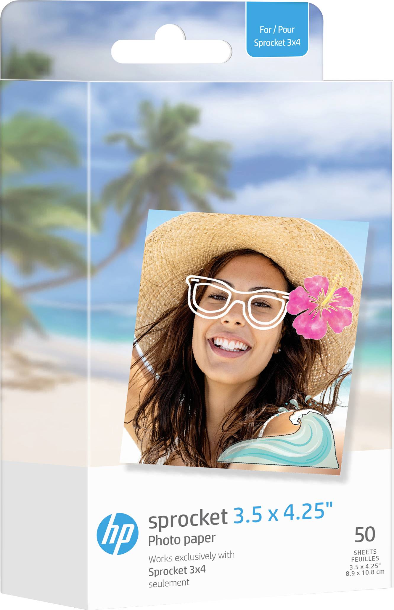 Paquet de papier photo HP Sprocket 3,5 x 4,25 pouces avec une photo d'exemple de plage montrant une femme souriante portant un chapeau de soleil et une fleur, 50 feuilles.