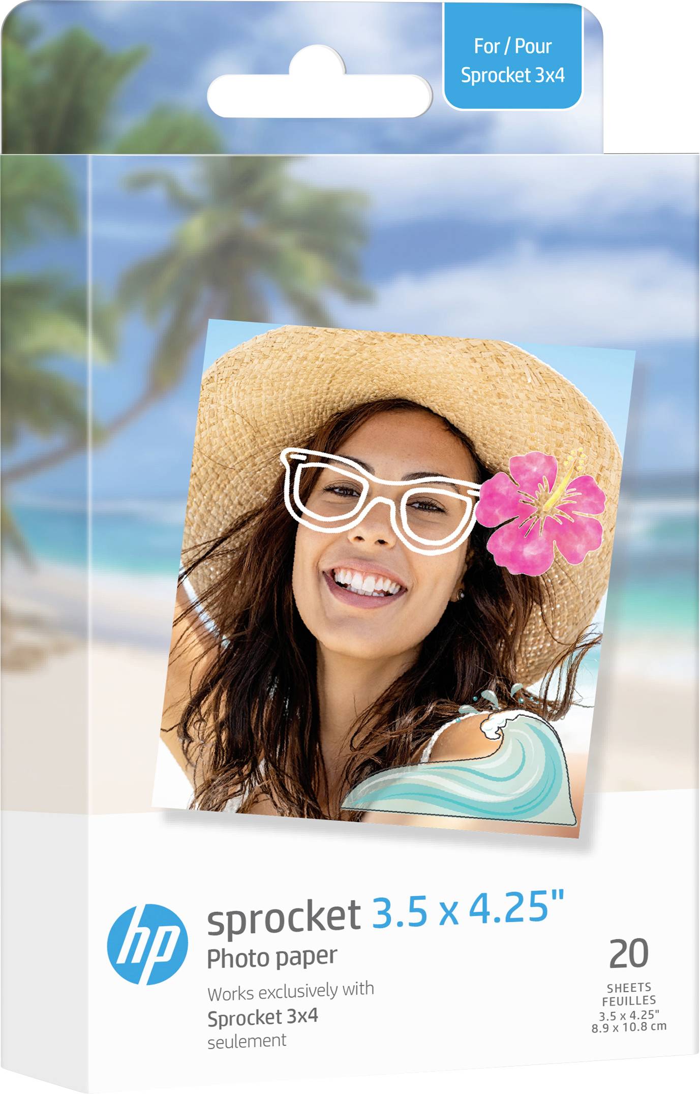 Emballage de papier photo HP Sprocket 3.5 x 4.25 avec 20 feuilles, affichant un exemple d'impression de photo de plage d'une femme souriante portant un chapeau.