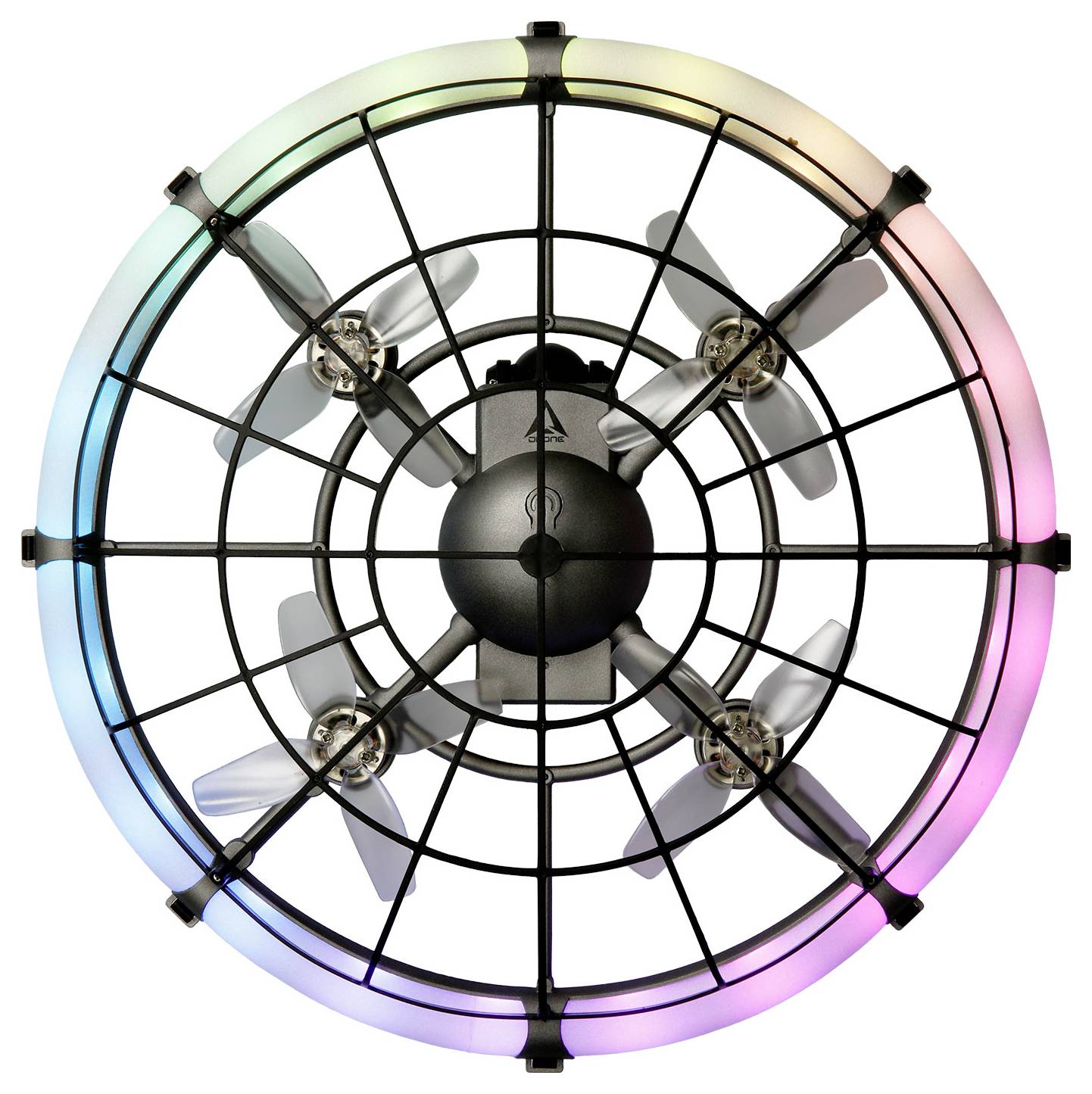 Un ventilateur circulaire face avant avec une grille noire et quatre pales translucides, entouré d'un anneau LED multicolore luminescent sur un fond blanc.
