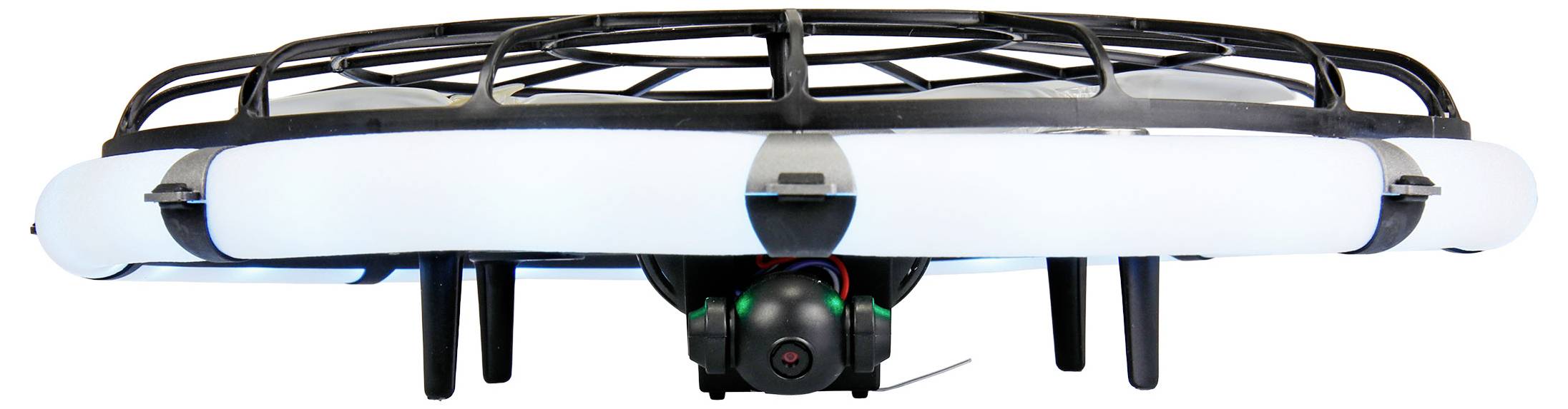 Gros plan d'un drone avec une caméra montée à l'avant et un garde d'hélice noir autour d'un corps blanc, présenté sur un fond uni.