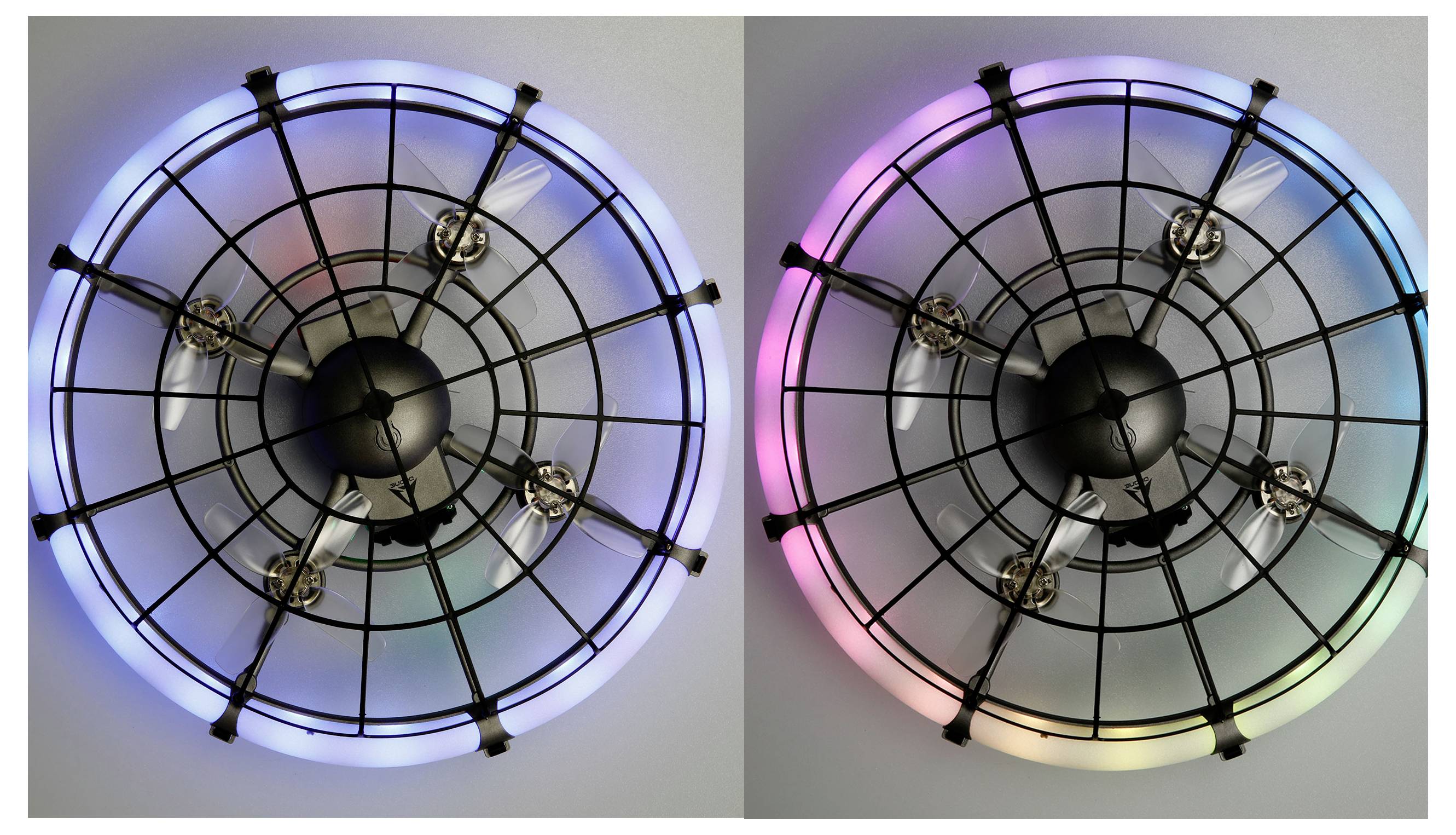 Deux vues d'un ventilateur de plafond rond avec une cage de protection noire et des anneaux de lumières LED multicolores brillantes
