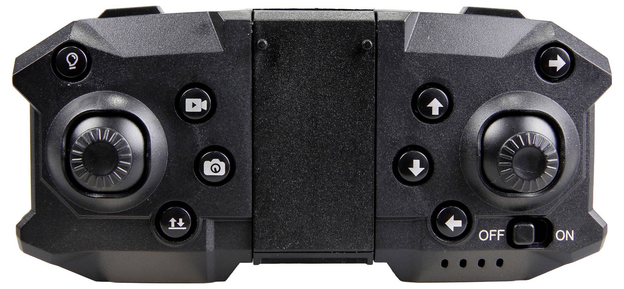 Vue de face d'une télécommande manette à joystick à double pouce noire avec boutons, flèches et un interrupteur d'alimentation ARRÊT/MARCHE.