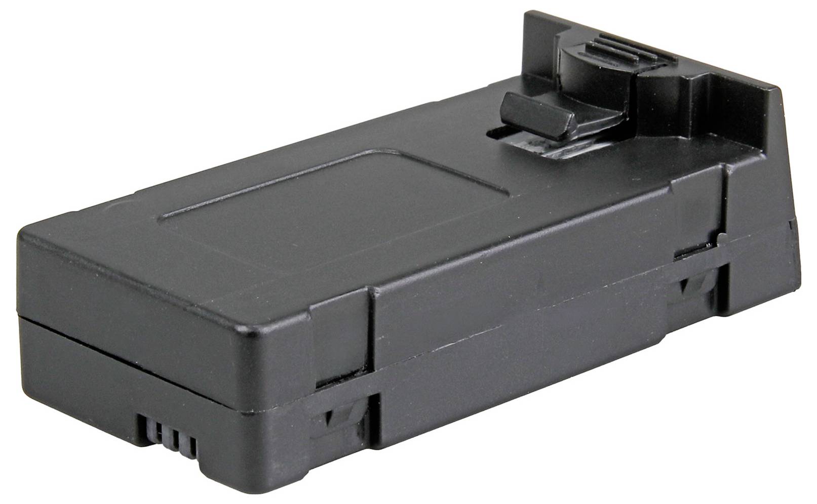 Batterie rectangulaire noire avec un clip de connexion supérieur, présentée sur un fond blanc.