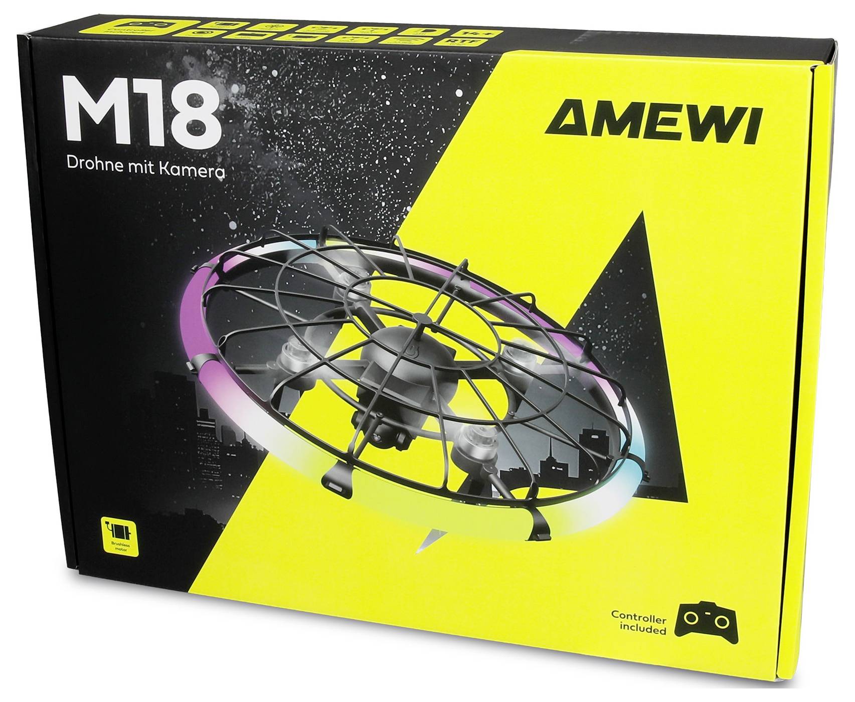 Drone AMEWI M18 avec caméra, montré sur la boîte produit ; contrôleur inclus.