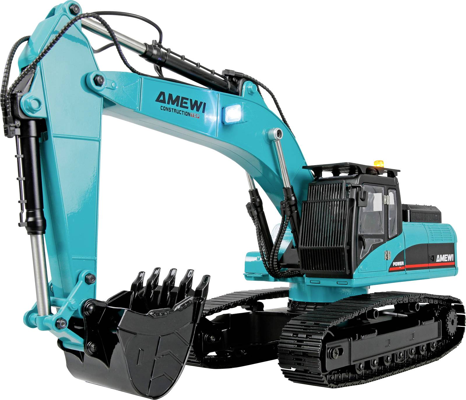 Un excavatrice miniature AMEWI chenillée turquoise avec un godet de creusage noir, présentée en vue de profil sur un fond blanc.