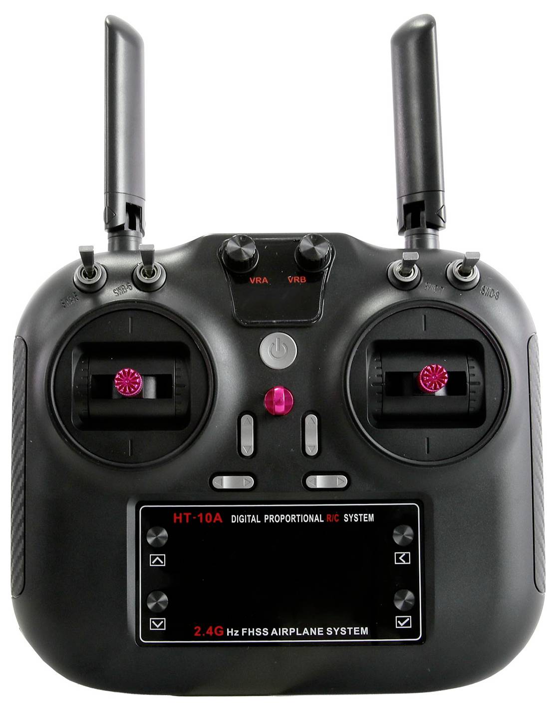 Vue de face d'une télécommande d'avion RC noire avec deux antennes, des joysticks doubles et un écran numérique central étiqueté HT-10A et SYSTÈME D'AVION FHSS 2,4G Hz.