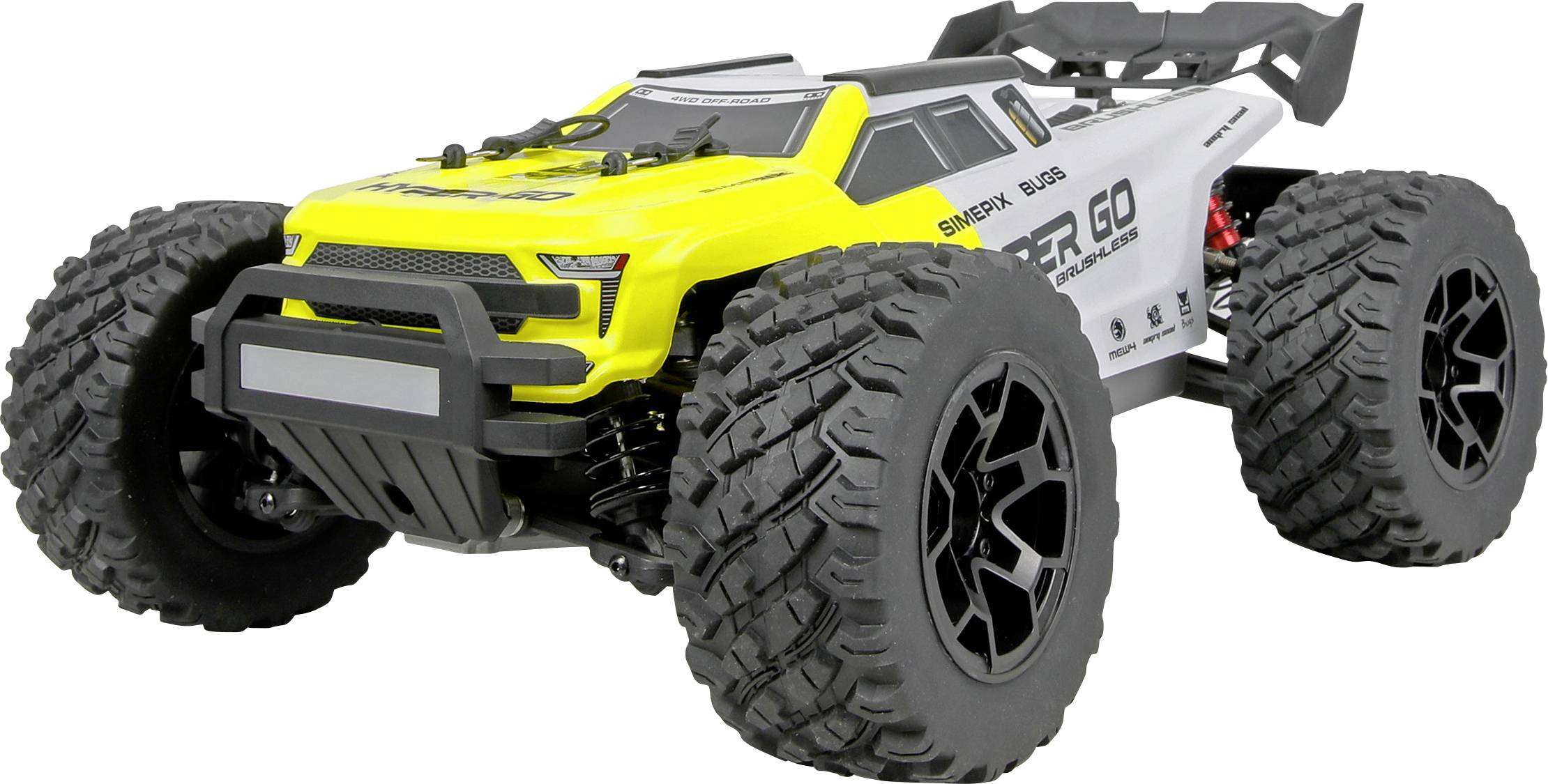 Camion tout-terrain télécommandé jaune et blanc avec des pneus surdimensionnés sur un fond blanc.