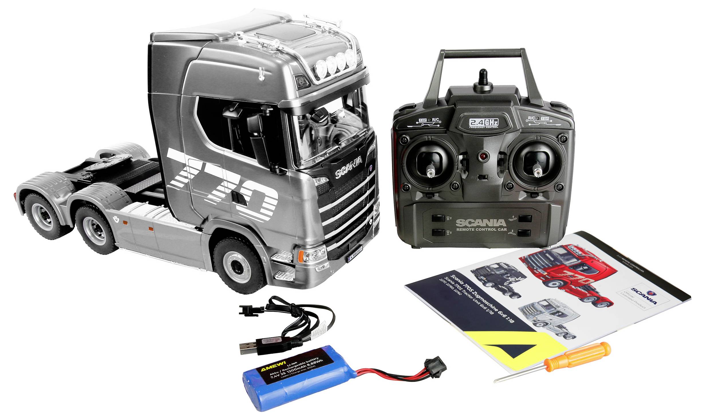 Kit de modèle de camion RC Scania avec télécommande, batterie, câble de charge et notice d'instructions