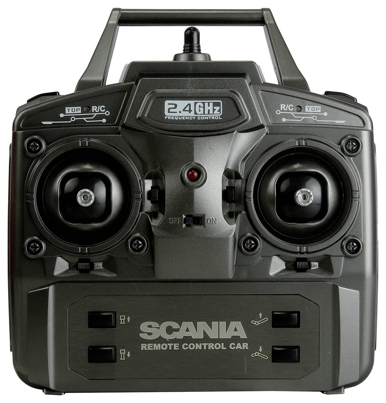 Télécommande SCANIA noire pour voiture RC, avec deux joysticks, étiquette 2.4GHz et plusieurs commutateurs de contrôle.