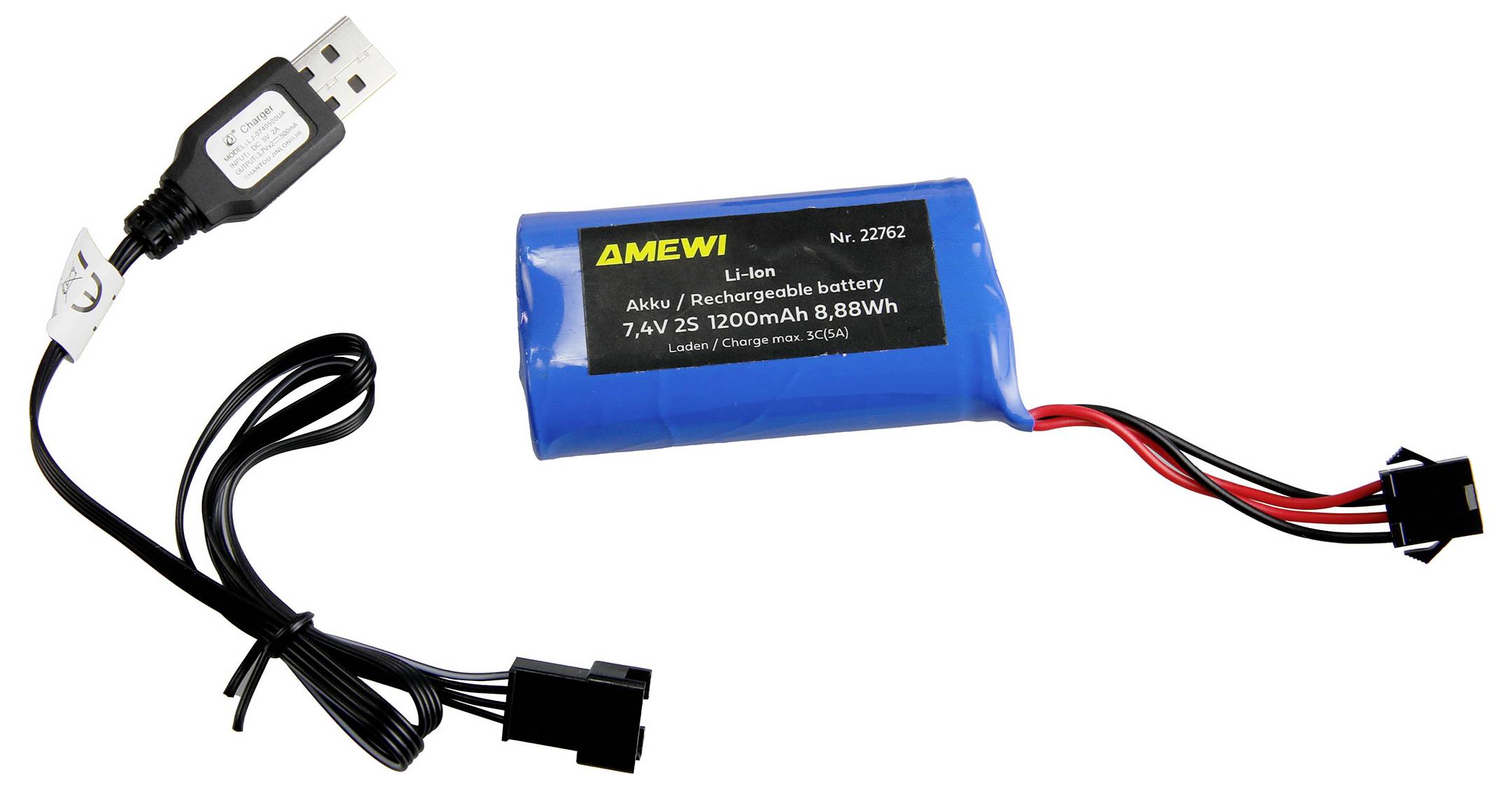 Batterie rechargeable Li-ion bleue AMEWI avec câble de charge USB intégré et connecteur noir sur fond blanc.