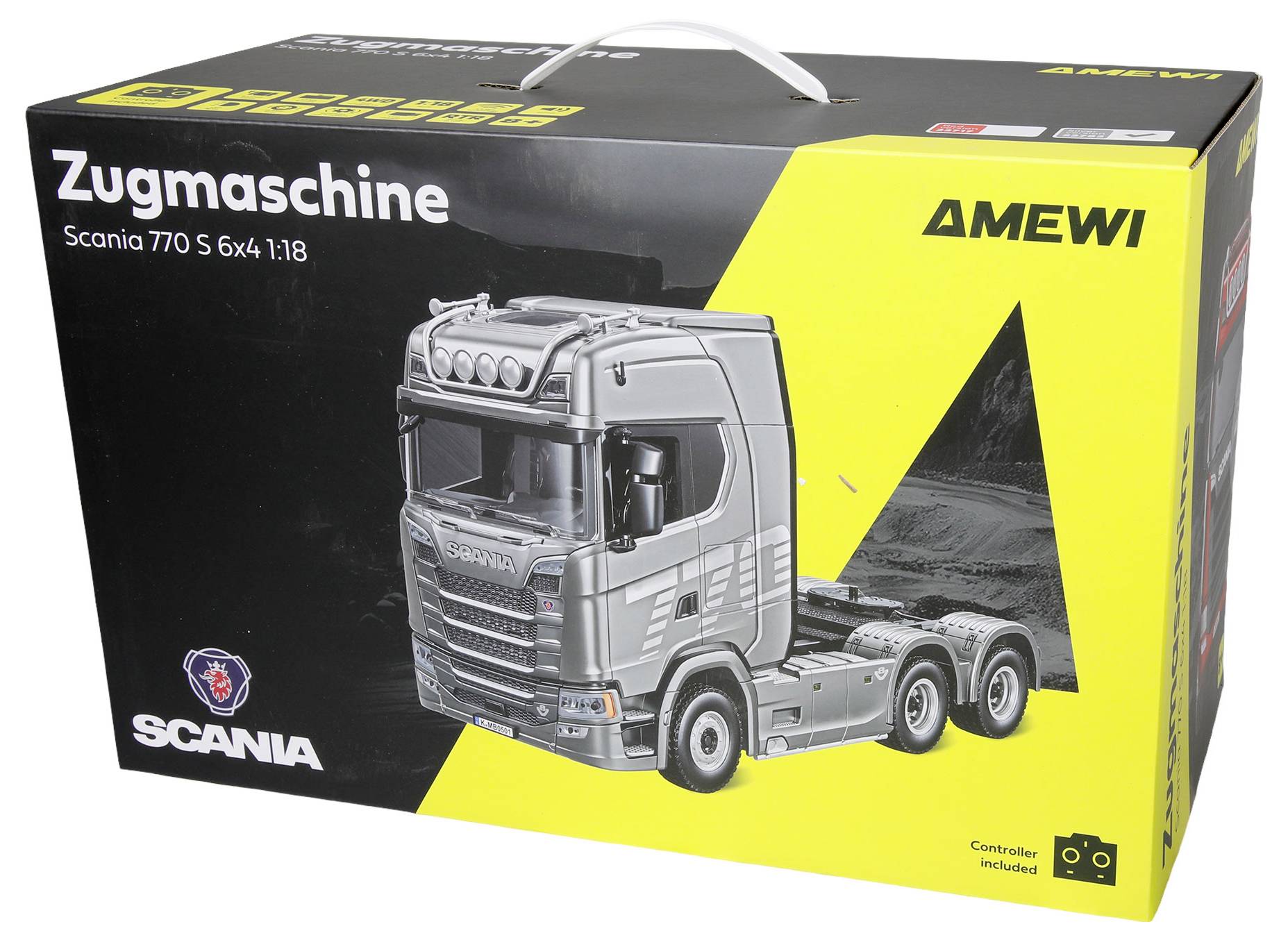 Boîte d'un modèle de camion jouet « Zugmaschine », étiqueté AMEWI et Scania 770 S 6x4 1:18, montrant un camion Scania argenté et « contrôleur inclus ».