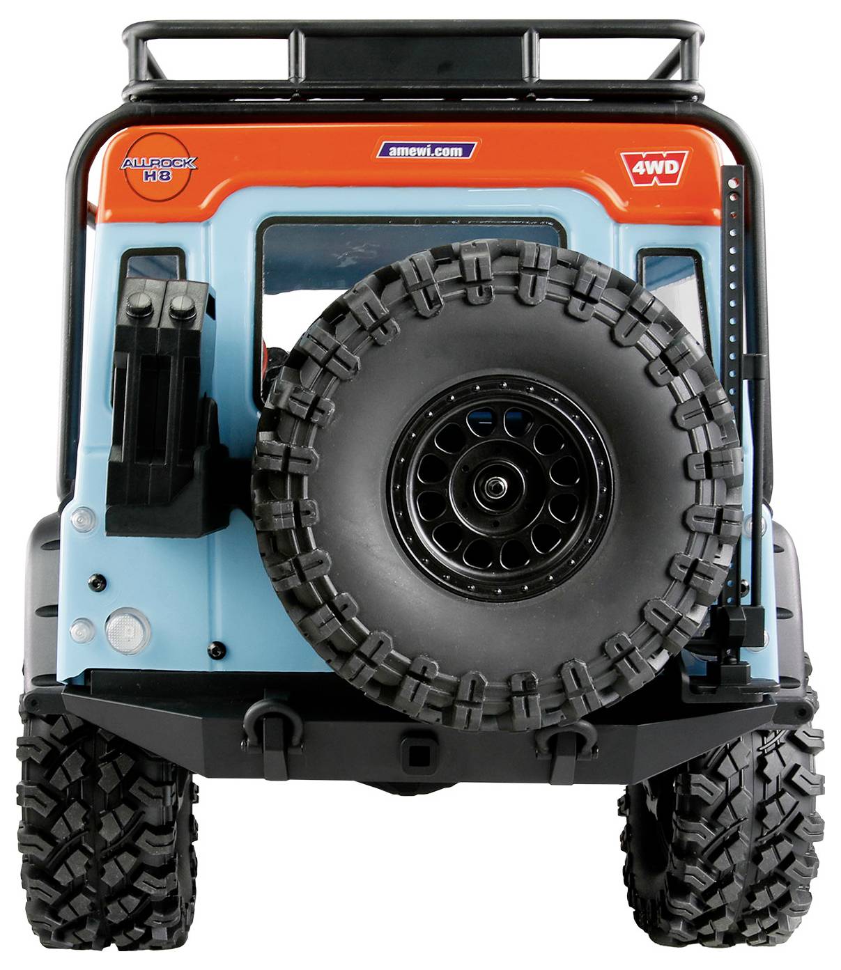 Vue arrière d'un véhicule jouet tout-terrain bleu et orange avec un pneu de secours monté à l'arrière et des étiquettes « 4WD » et « H8 ».