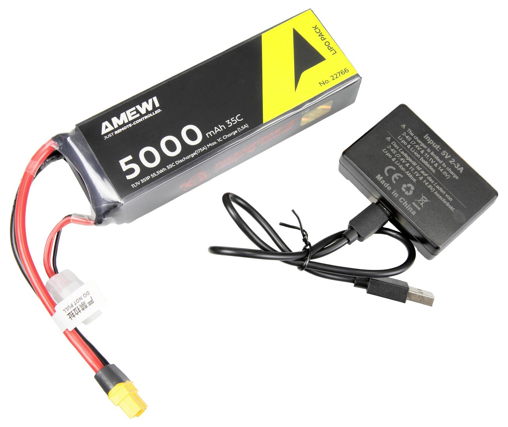 Une batterie AMEWI LiPo de 5000 mAh avec connecteur rouge/noir, présentée avec un chargeur USB et un câble sur un fond blanc.