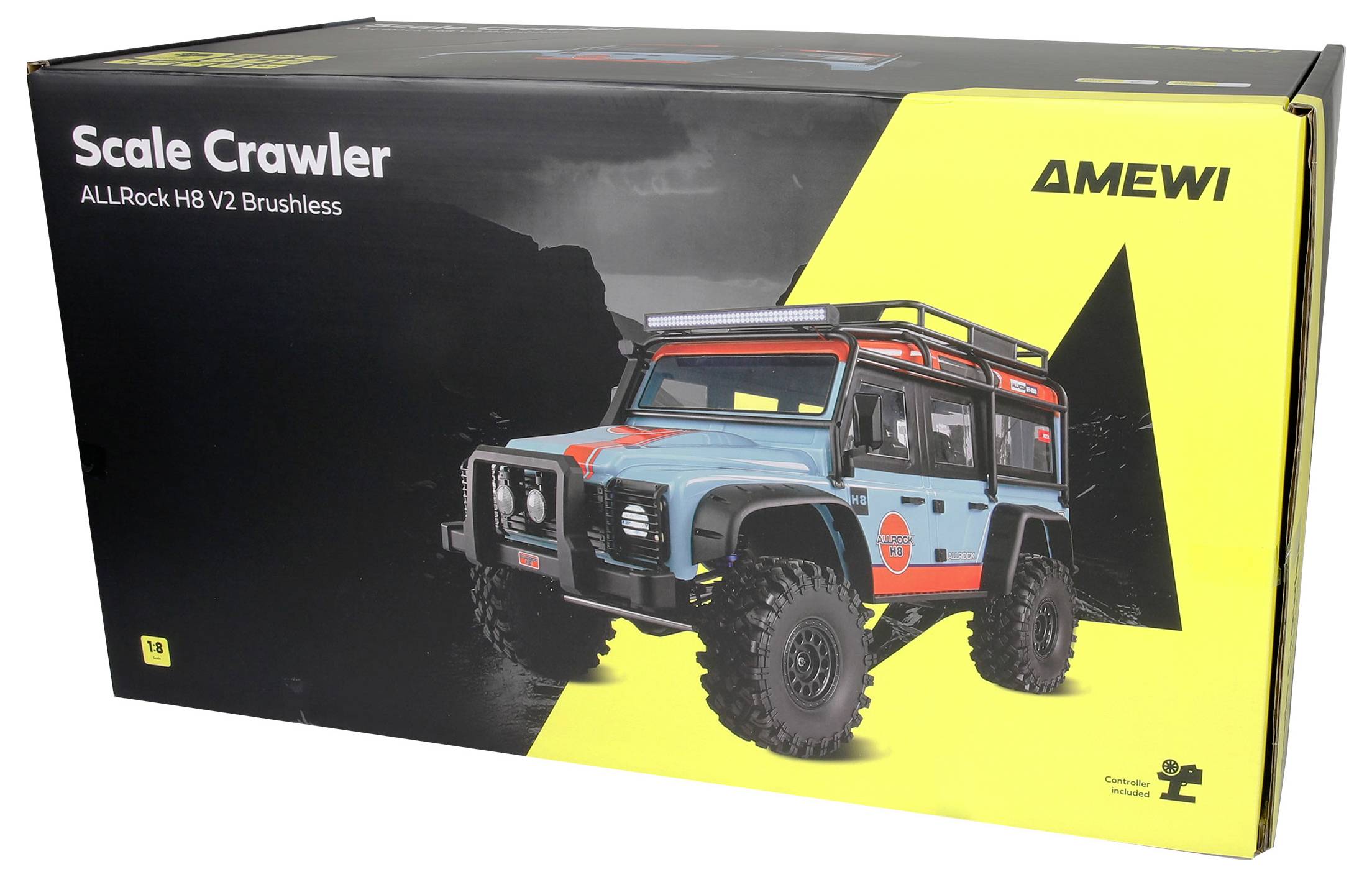 Boîte de camion RC AMEWI Scale Crawler, montrant un véhicule tout-terrain bleu et le texte « Scale Crawler » et « ALLRock H8 V2 Brushless ».