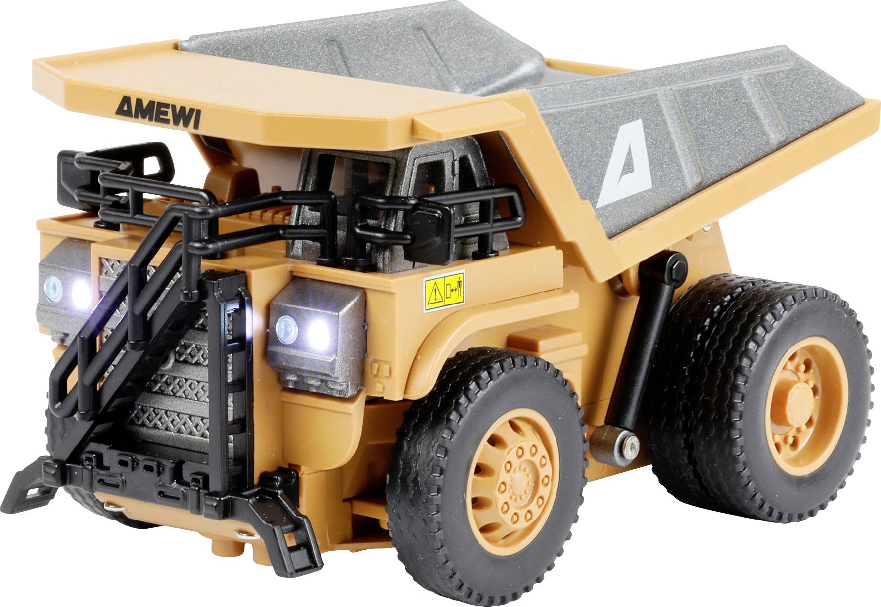 Camion benne Orange AMEWI avec chargeur frontal noir, benne grise et phares sur fond blanc.