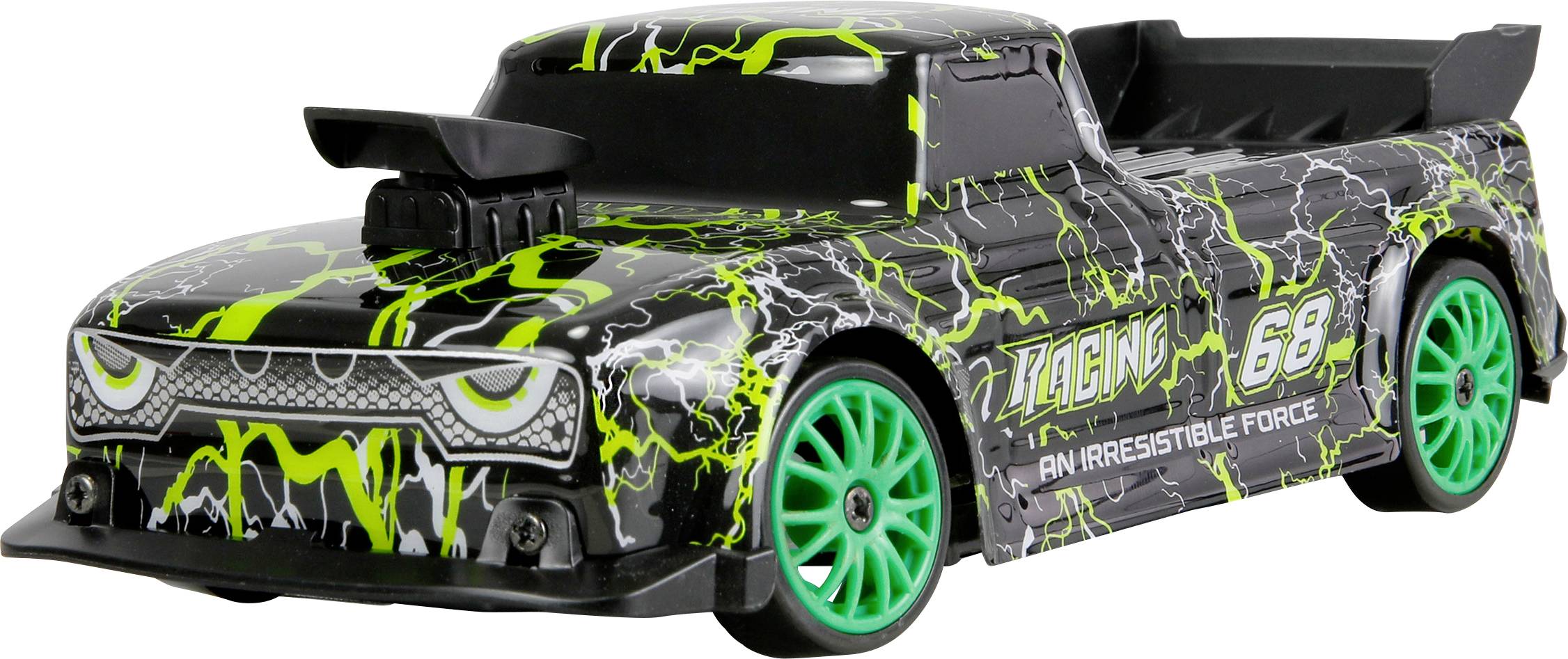 Camionnette de course jouet noire et verte avec des roues vert néon et le numéro « 68 » sur le côté, présentée sur un fond blanc.