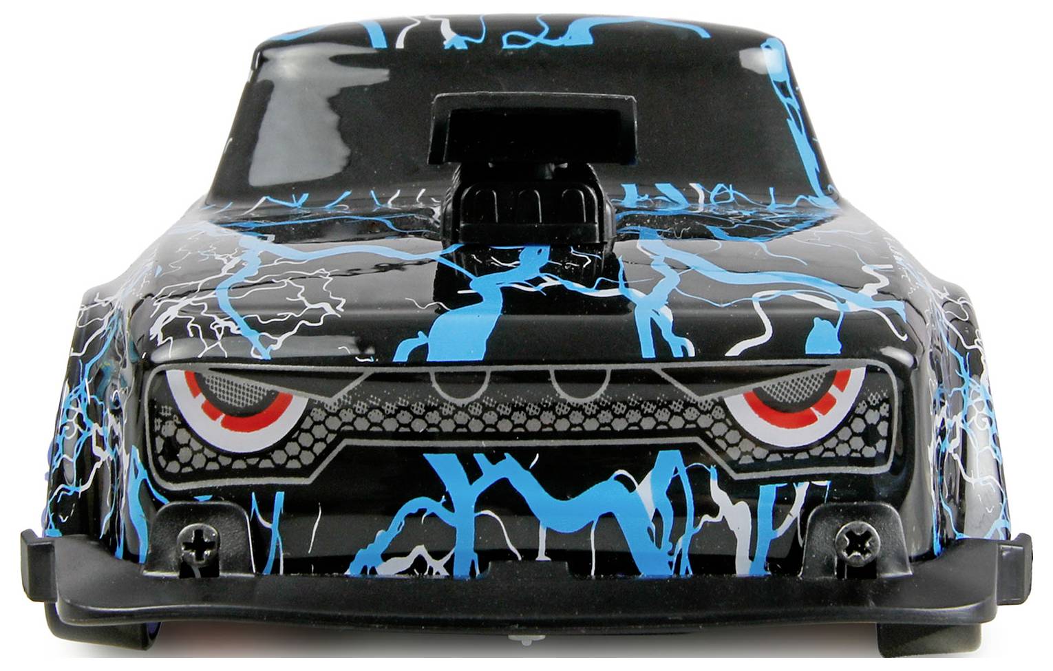 Vue de face d'un jouet de monster-truck noir avec des graphiques d'éclairs bleus et des yeux rouges sur un fond blanc.