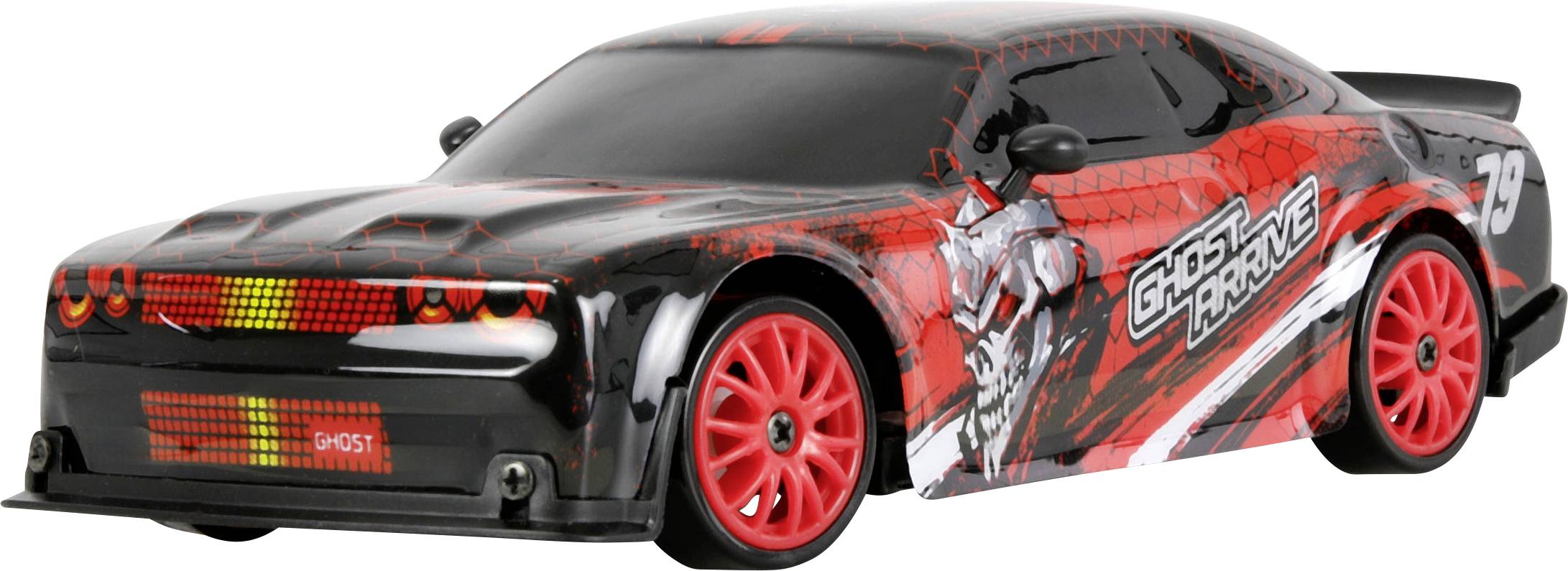 Voiture de course jouet « Ghost Racing » rouge et noire avec roues rouges, présentée en vue de profil sur fond blanc.