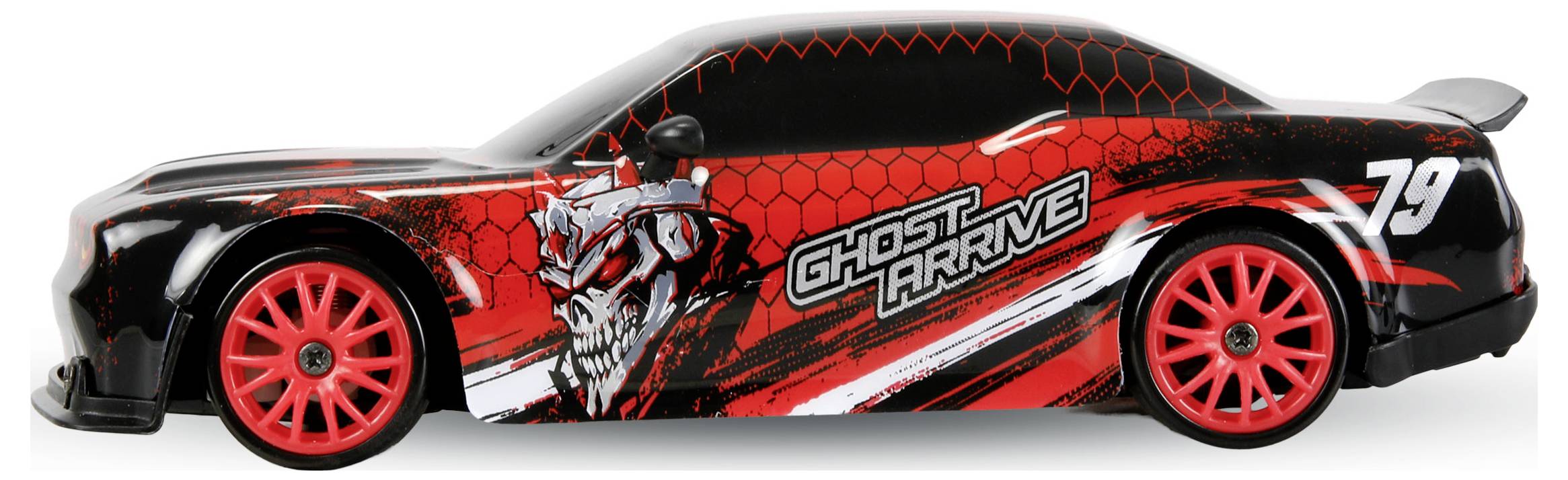 Voiture de course rouge et noire avec graphique de crâne et marquage Ghost Arrive, numéro 79 à l'arrière, présentée en vue de profil.