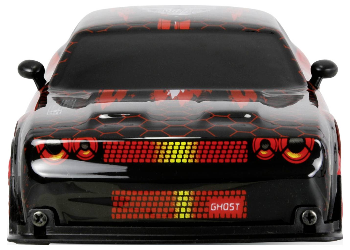 Vue de face d'une voiture de sport noire avec des graphiques hexagonaux rouges, des accents orange et un logo « GHOST » sur la calandre.