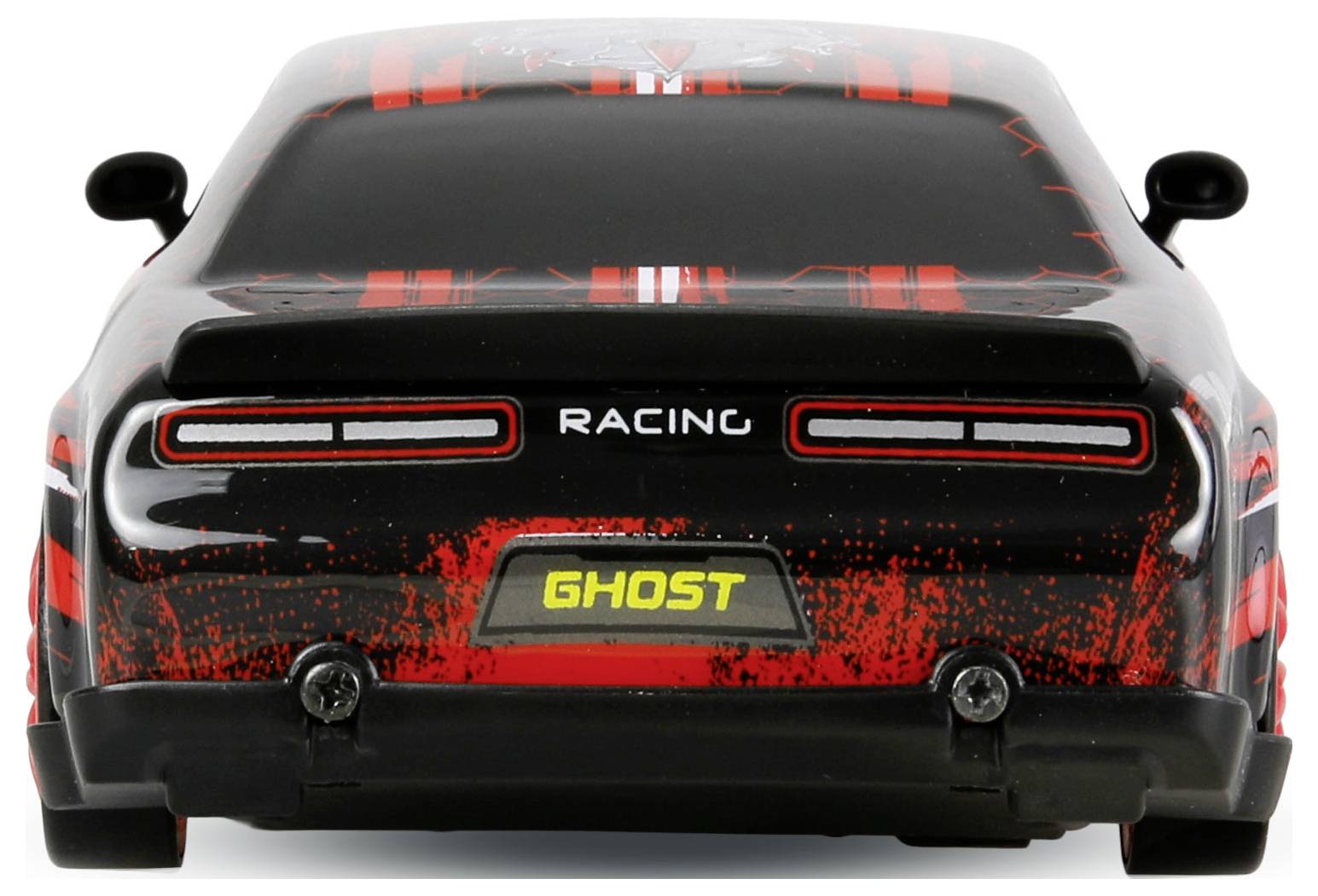 Vue arrière d'une voiture de course jouet noire et rouge avec le texte « RACING » et « GHOST » sur l'arrière.
