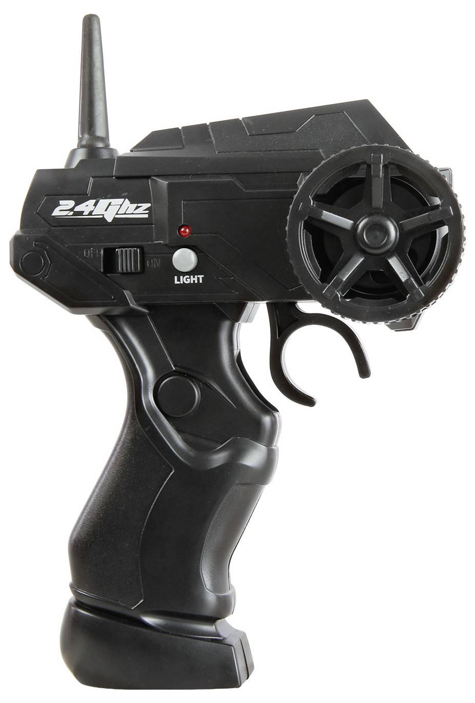 Pistolet télécommandé jouet 2,4 GHz noir avec antenne, cadran rotatif, gâchette et bouton lumineux sur fond blanc.