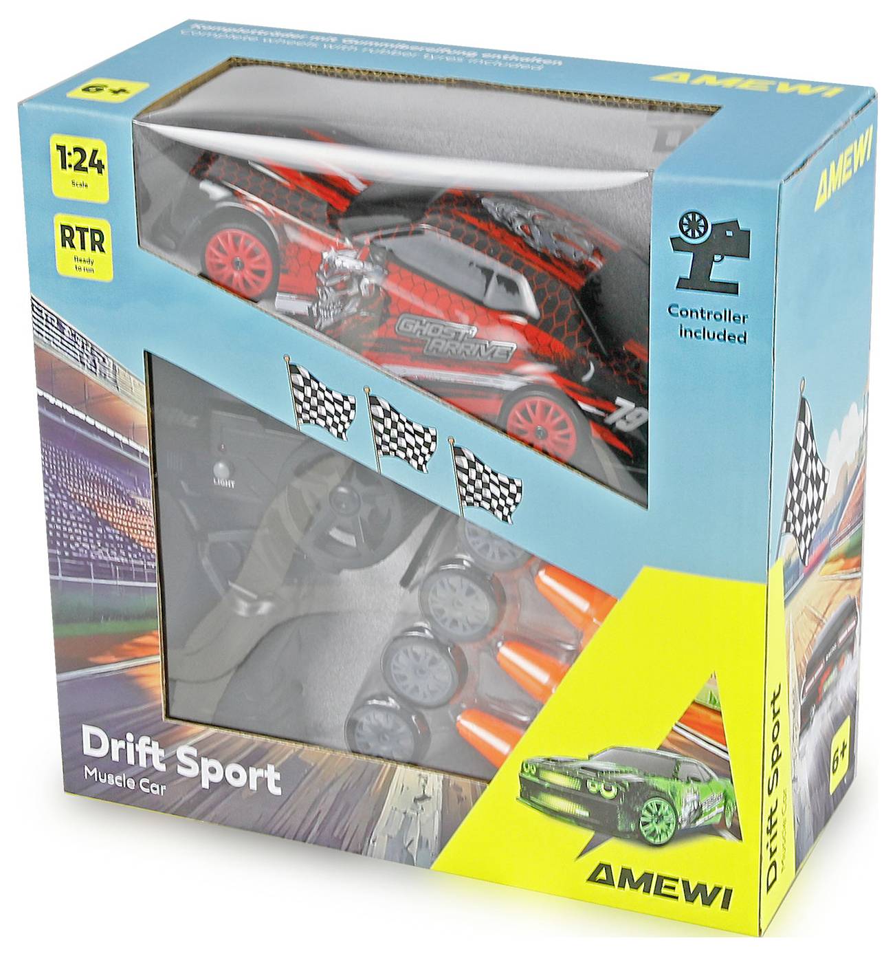 Ensemble de voiture RC Drift AMEWI 1:24 en boîte, montrant une voiture de drift rouge et une télécommande incluse.