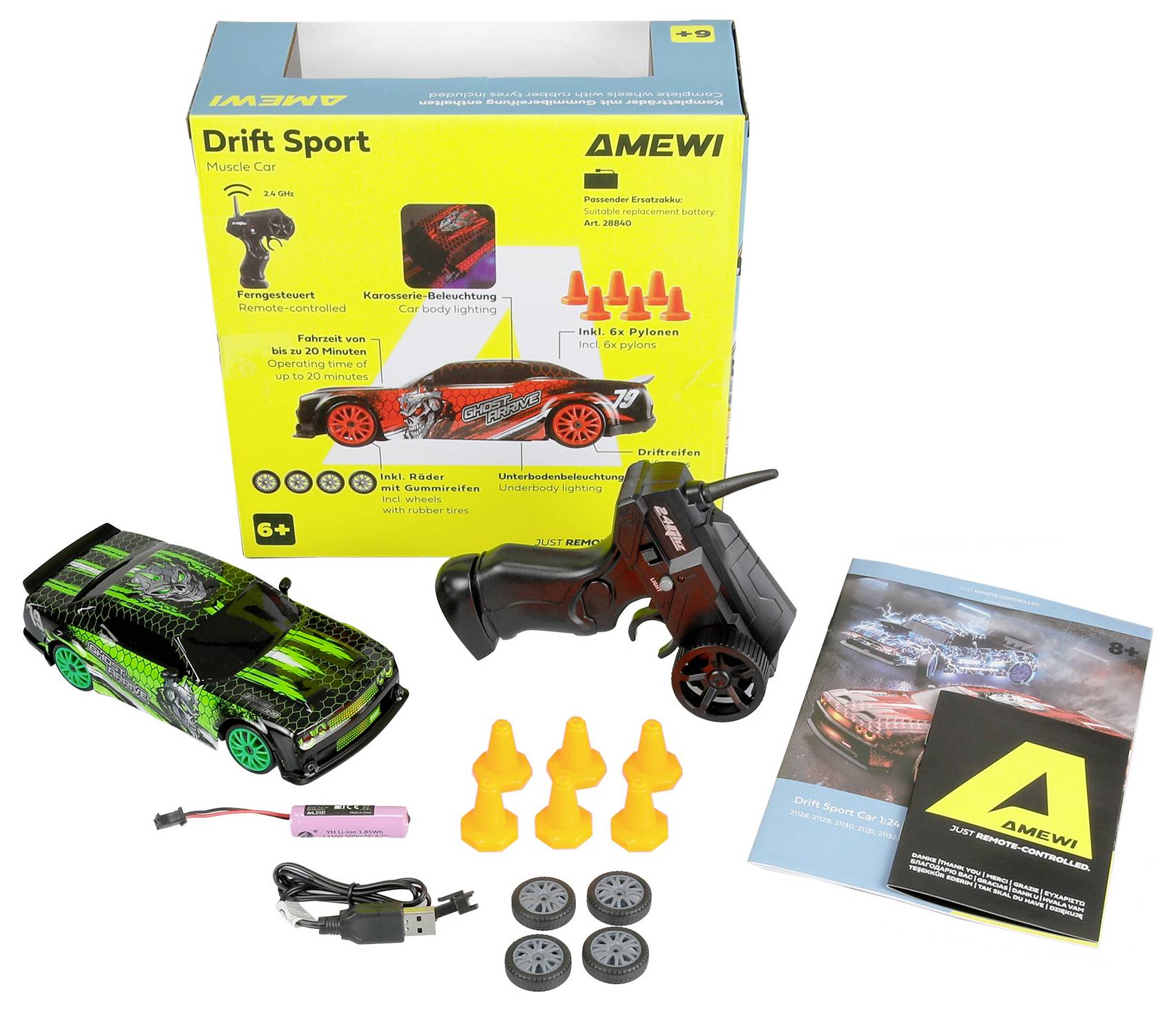 Kit de voiture télécommandée AMEWI Drift Sport avec contrôleur, batterie, chargeur, cônes, roues de rechange et manuels d'instruction présentés