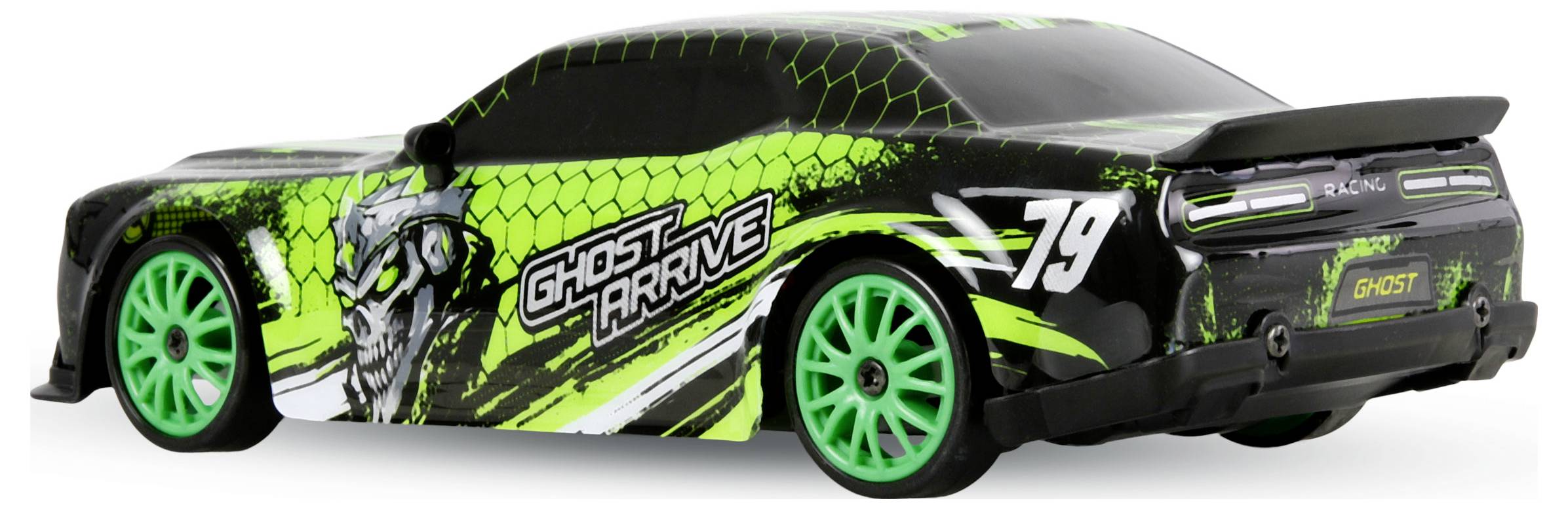 Voiture de course noire et verte avec des roues vert néon, des graphiques « Ghost Harvve » et le numéro 79 sur le côté et l'arrière.