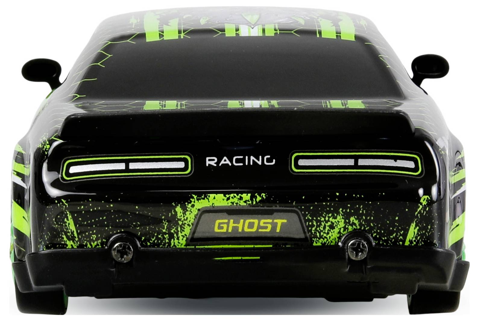 Vue de face d'une voiture de course radiocommandée noire et vert néon étiquetée « GHOST » et « RACING » sur un fond blanc.