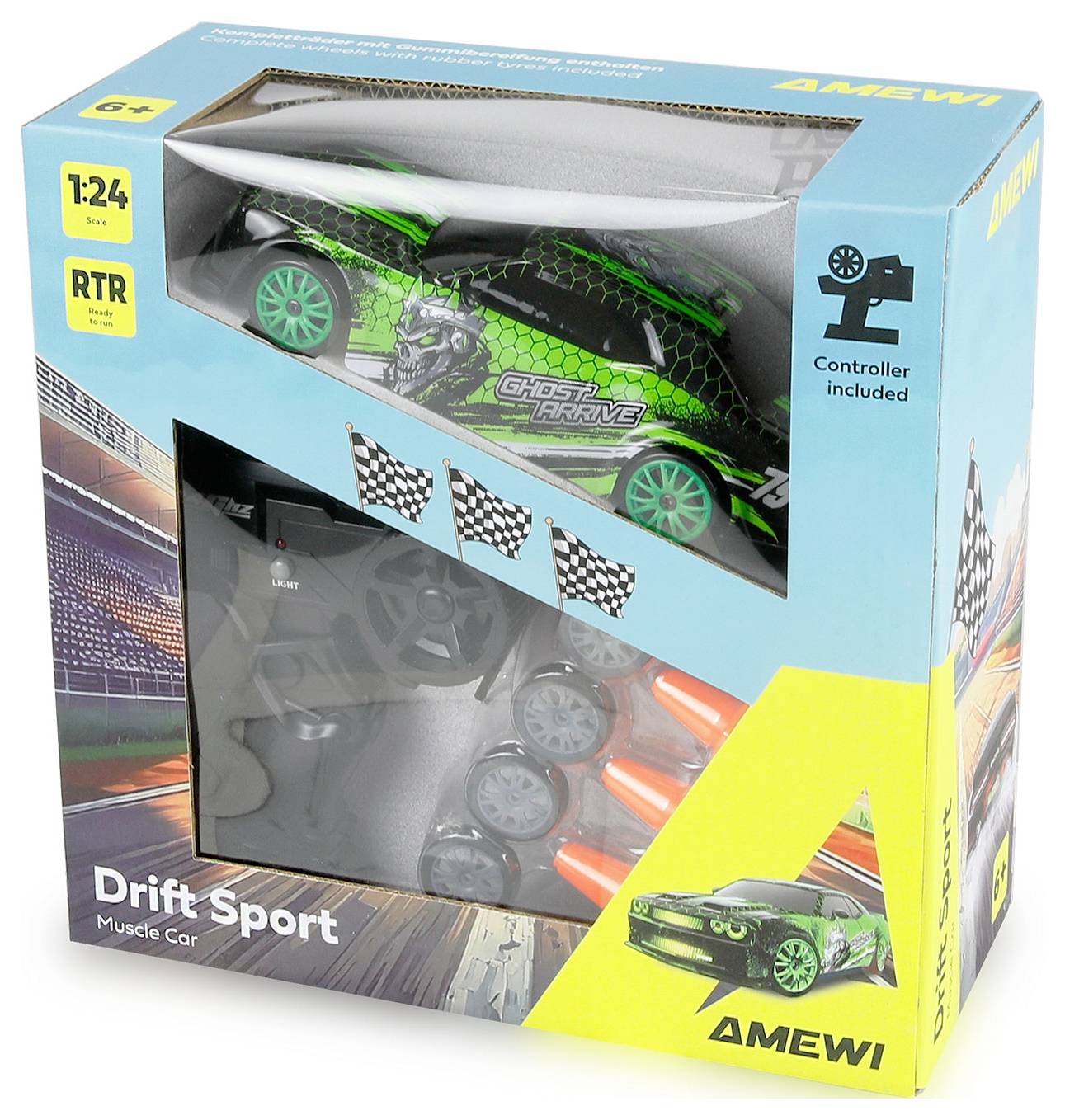 Voiture jouet de sport de drift musculaire AMEWI 1:24 RTR en boîte avec voiture verte/noire visible dans l'emballage, contrôleur inclus.