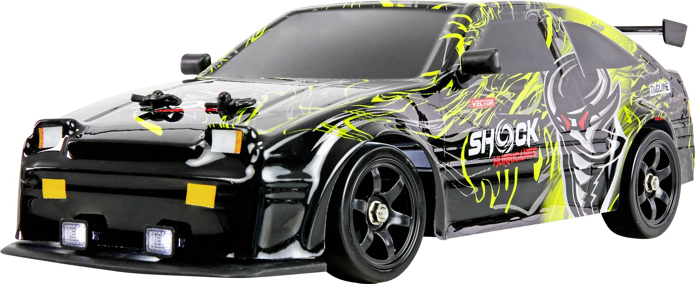 Voiture de course de style drift noire avec des graphiques jaune néon et le mot « SHOCK » sur le côté, présentée sur un fond blanc.